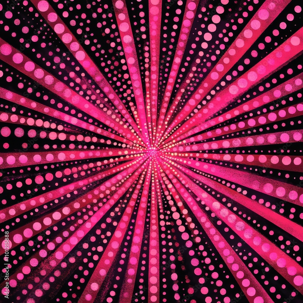 Poster vibrant abstract pattern featuring pink rays and dots radiating from a central point against a dark 