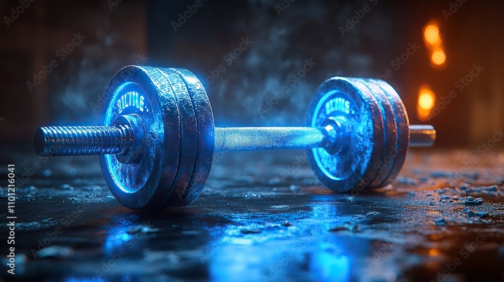 Poster dumbbell with dark neon light effect rendering