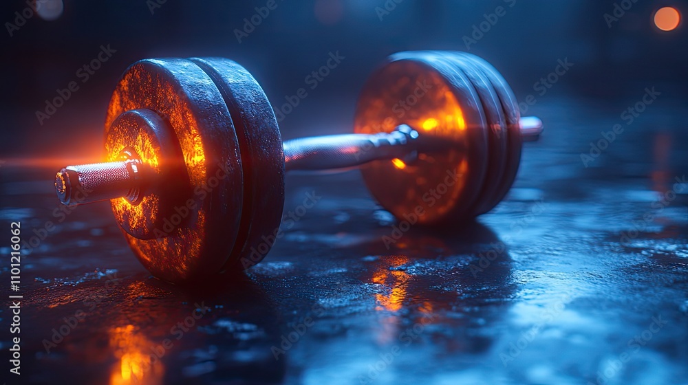 Poster dumbbell with dark neon light effect rendering