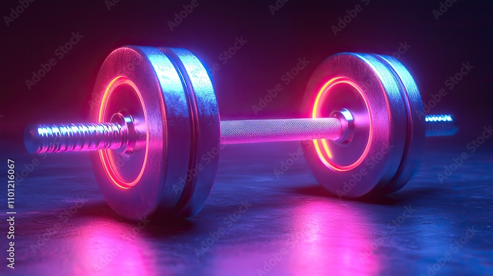 Poster dumbbell with dark neon light effect rendering
