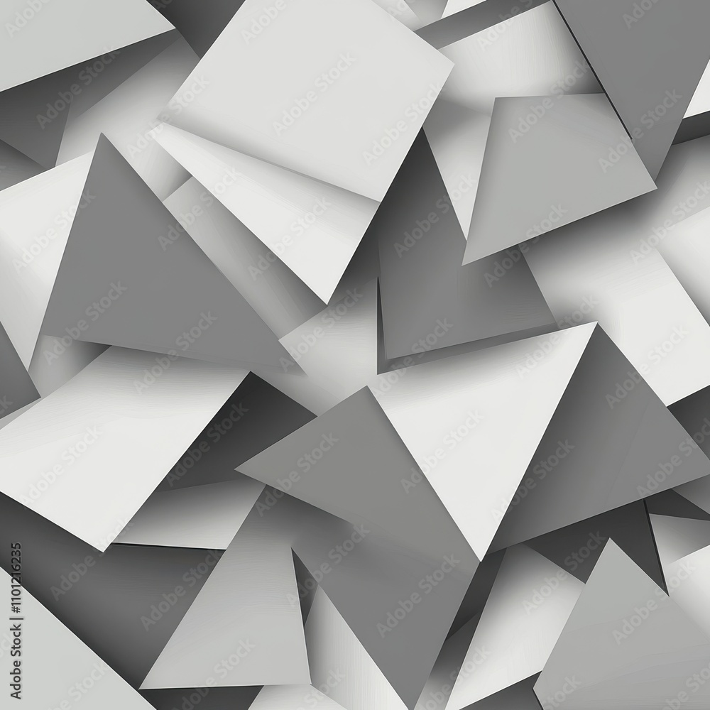 Poster an abstract composition featuring layered gray and white geometric shapes, creating a sense of depth