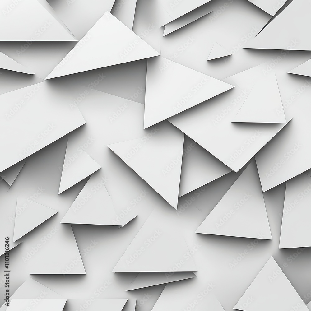 Poster an abstract composition of overlapping white triangles creating a textured background.