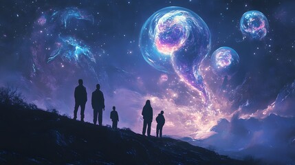 Fototapeta premium Awe-Inspiring Cosmic Landscape with Silhouetted Figures Gazing at Ethereal Planets and Celestial Wonders Under Starry Sky