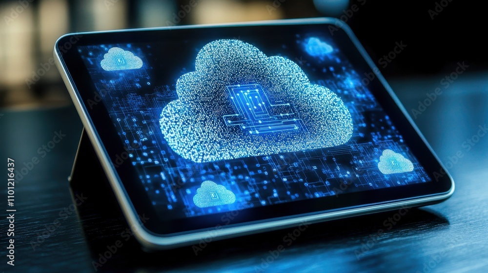 Poster futuristic cloud computing technology displayed on tablet