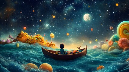 A Dreamy Voyage Through a Whimsical Candy World: A Child in a Boat Surrounded by Sweet Treats and Stellar Skies Filled with Colors and Magic