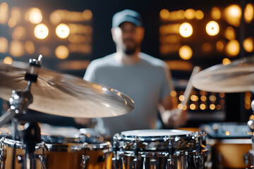 Fototapeta premium A skilled drummer captivates the audience with an energetic performance, surrounded by vibrant stage lights