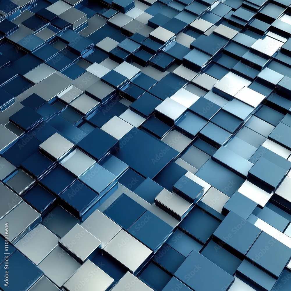Poster a mesmerizing abstract pattern of interlocking blue and silver blocks capturing a modern, dynamic fe