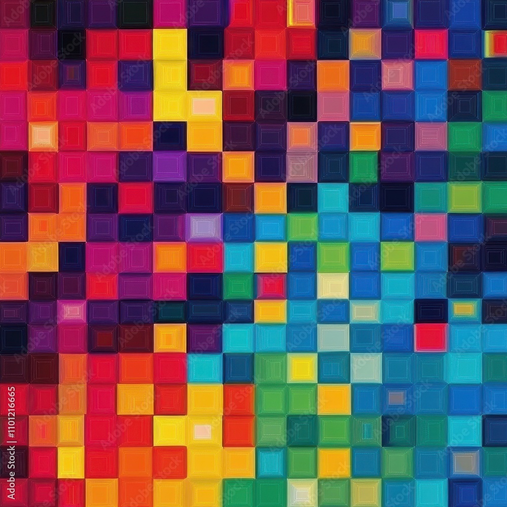 Poster a vibrant abstract mosaic of colorful pixels in various shades, creating an energetic and dynamic vi