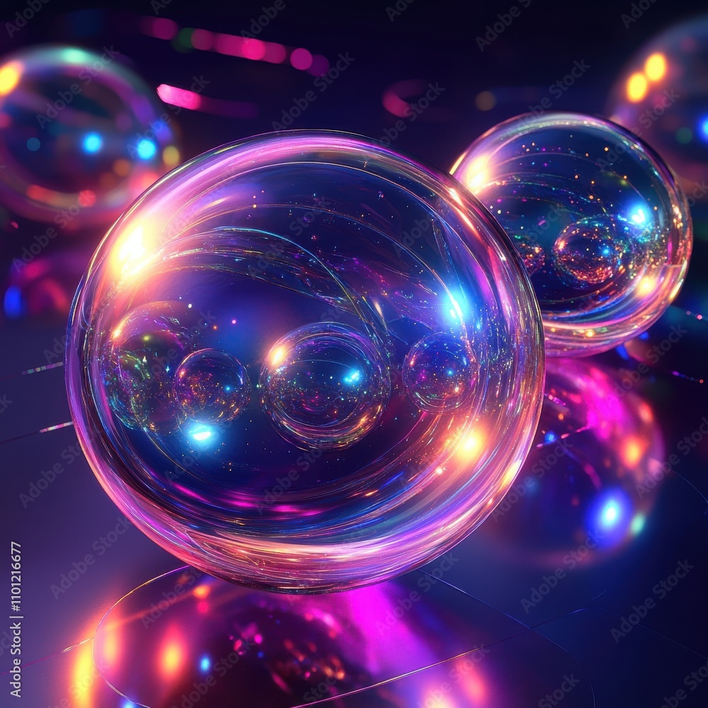 Poster colorful abstract bubbles with reflective surfaces creating a mesmerizing visual in a dark setting.