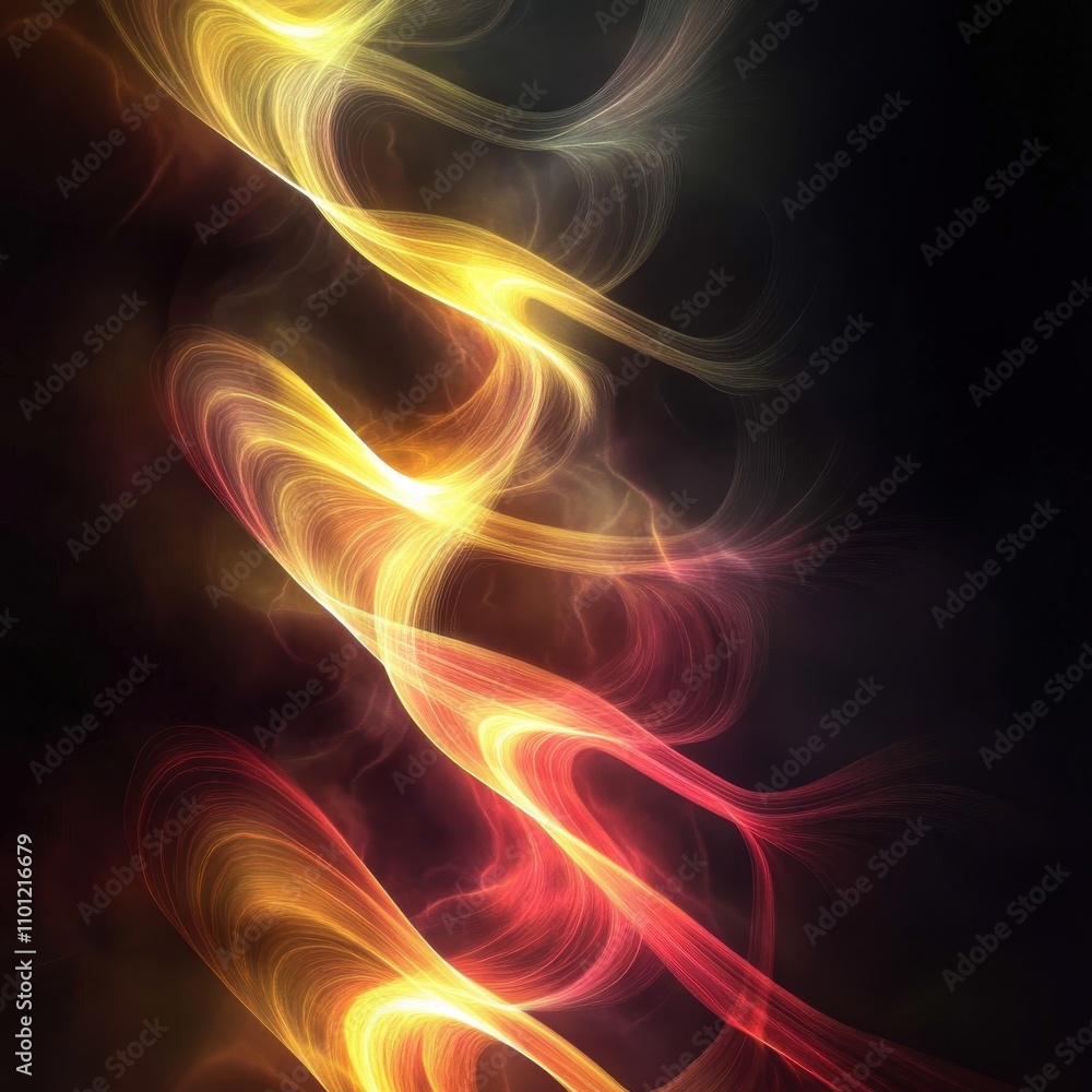 Poster abstract swirling lines in vibrant gold, orange, and red hues set against a dark backdrop, creating 