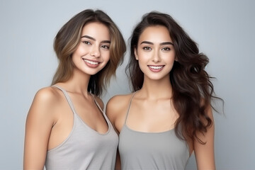 Girls of different races smile on plain gray background. Models of different religions and cultures, natural beauty of women, friendship of different countries and peoples
