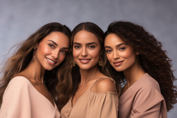 Fototapeta premium Girls of different races smile on plain gray background. Models of different religions and cultures, natural beauty of women, friendship of different countries and peoples 