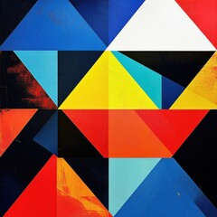 An abstract geometric artwork featuring vibrant triangles in red, blue, yellow, and black tones.