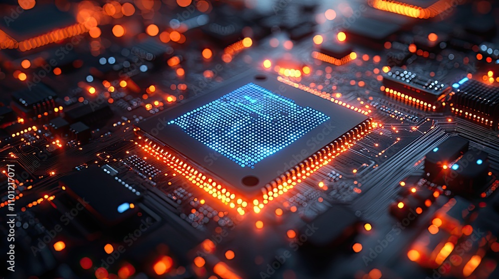 Poster electronic chip with blue structure lines rendering