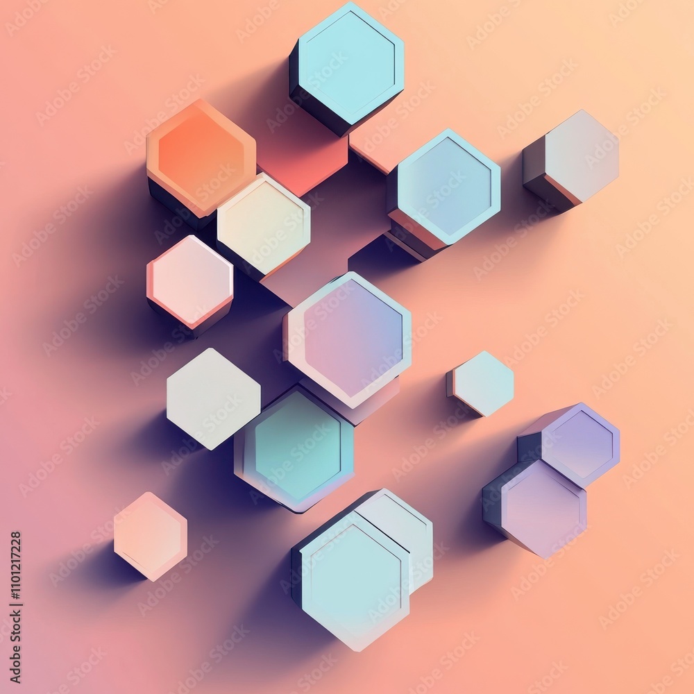 Poster a vibrant composition of hexagonal shapes in soft pastel colors, creating a playful yet modern abstr