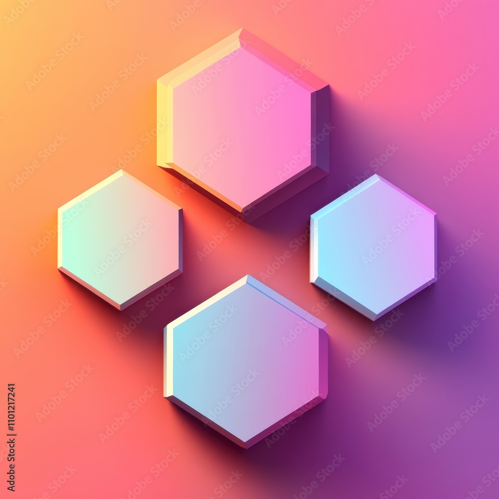 Poster abstract composition of colorful hexagonal shapes on a vibrant gradient background.