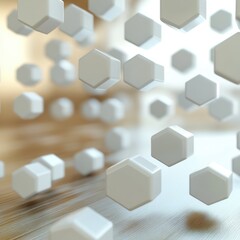 A dynamic arrangement of floating hexagonal shapes creates a modern, abstract feel in a bright environment.