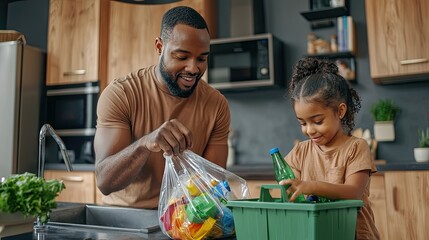 Black father and daughter doing waste recycling in the kitchen, family working together for an eco-friendly home concept. The man, wearing a brown 