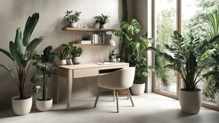 Fototapeta premium Minimalist office with modern desk and minimalist furniture. Elegant arrangement of plants displayed on open shelves background wallpaper AI generated image