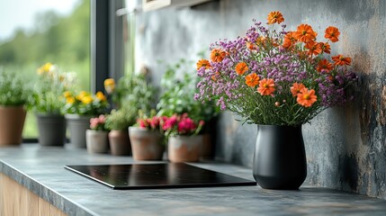 elegant contemporary loft kitchen featuring a black glass induction hob with built in hood or an aspirating induction hob on marble light stoneware countertop panels and a flower vas