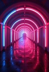 Neon-lit tunnel with reflective wet floor creating a vibrant atmosphere