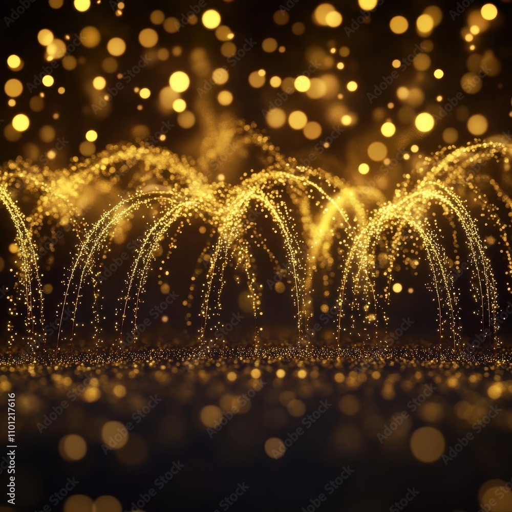 Poster a stunning display of golden sparkles creating an enchanting fountain effect against a blurred backd