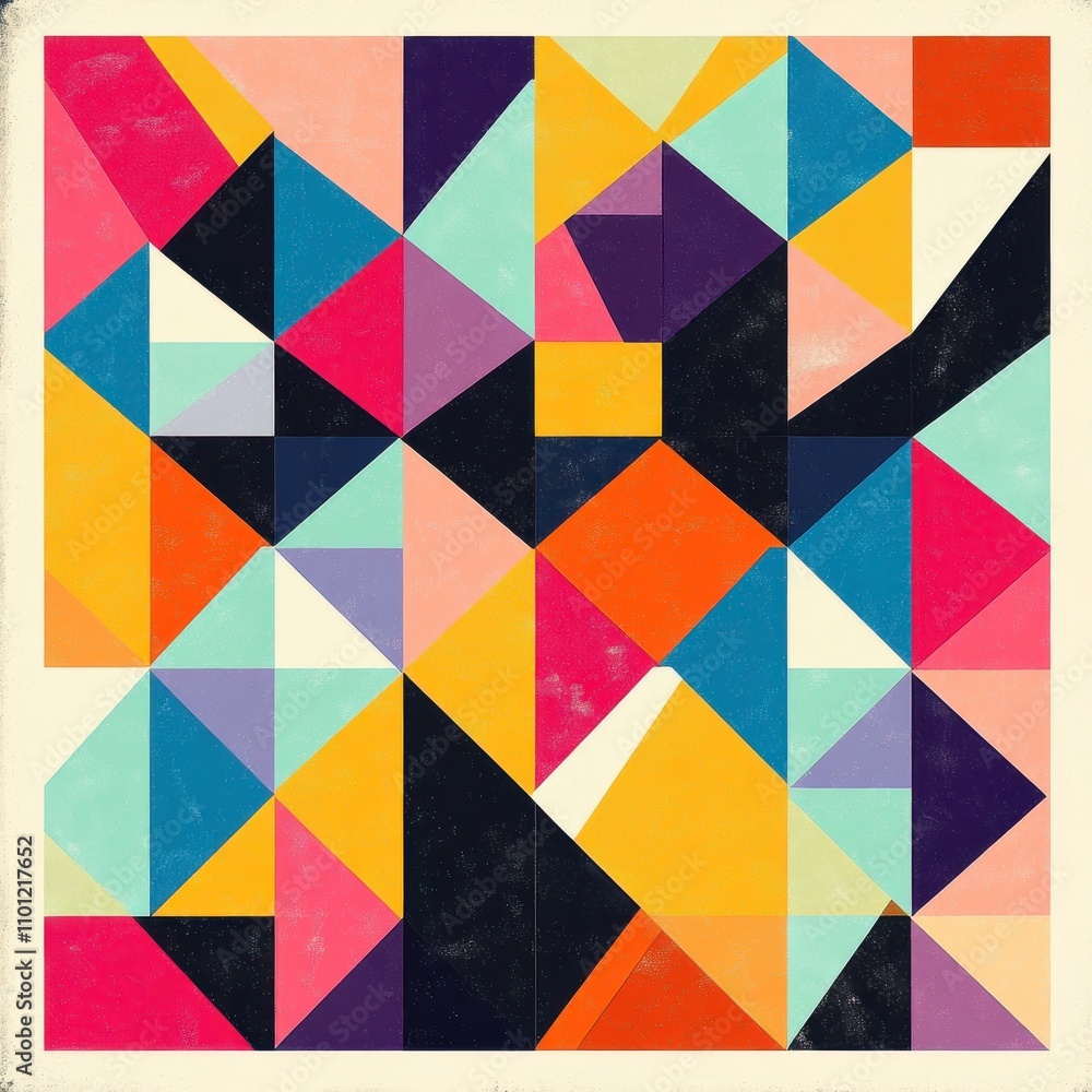 Poster a vibrant geometric pattern showcasing interlocking triangles in multiple colors, creating a lively 