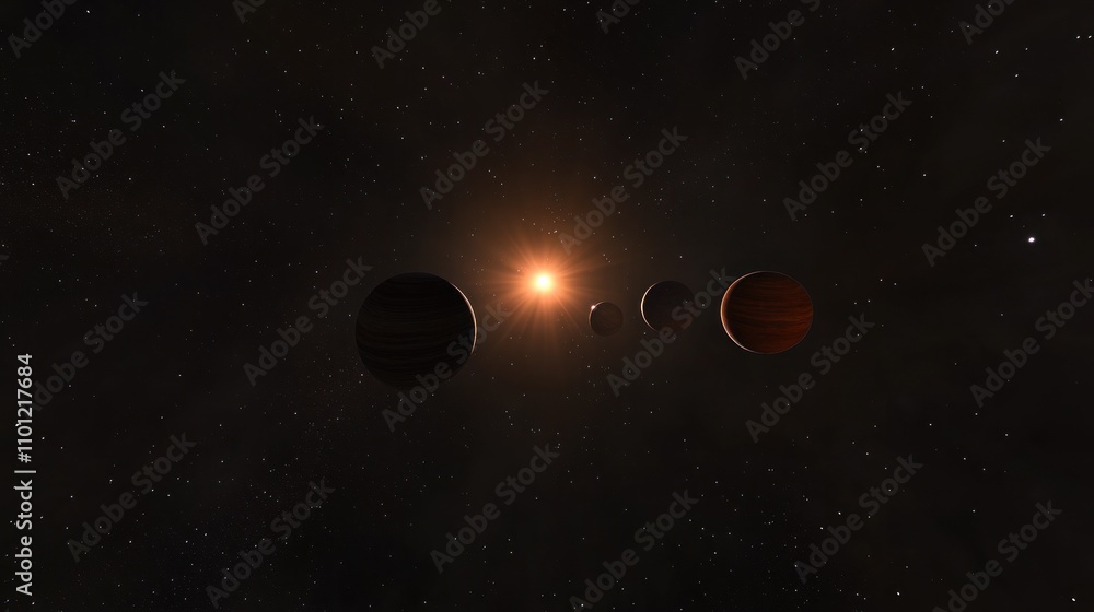 Poster star system with three planets orbiting a bright star in outer space.