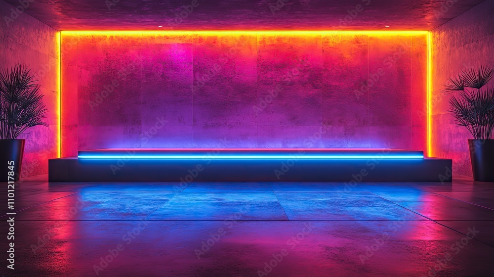 Poster empty glass showcase with neon lines rendering