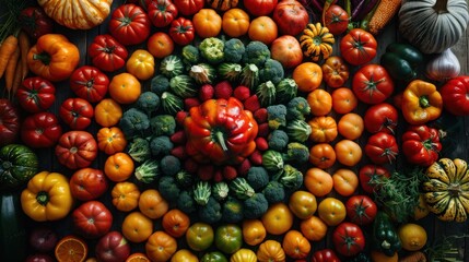 Fototapeta premium Vibrant Autumn Harvest of Fresh Organic Vegetables and Fruits Arranged in a Visually Striking Layout with Varied Colors Patterns and Textures