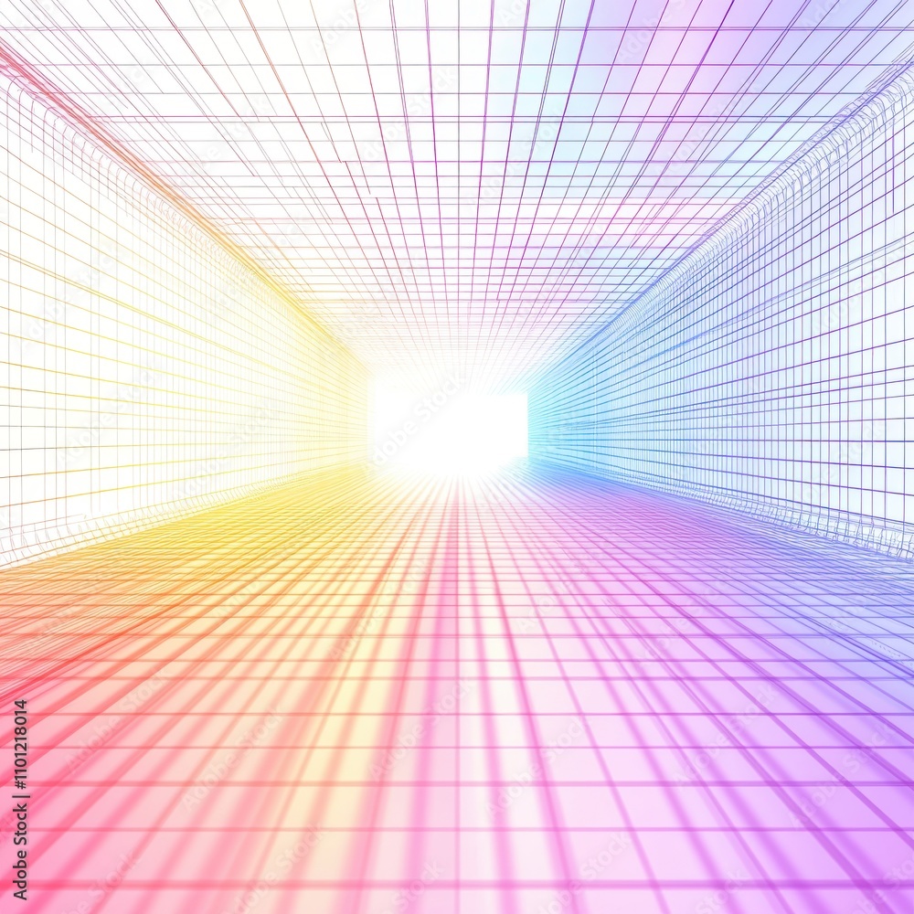 Poster A vibrant, abstract tunnel of light with colorful grids, creating a sense of depth and movement.