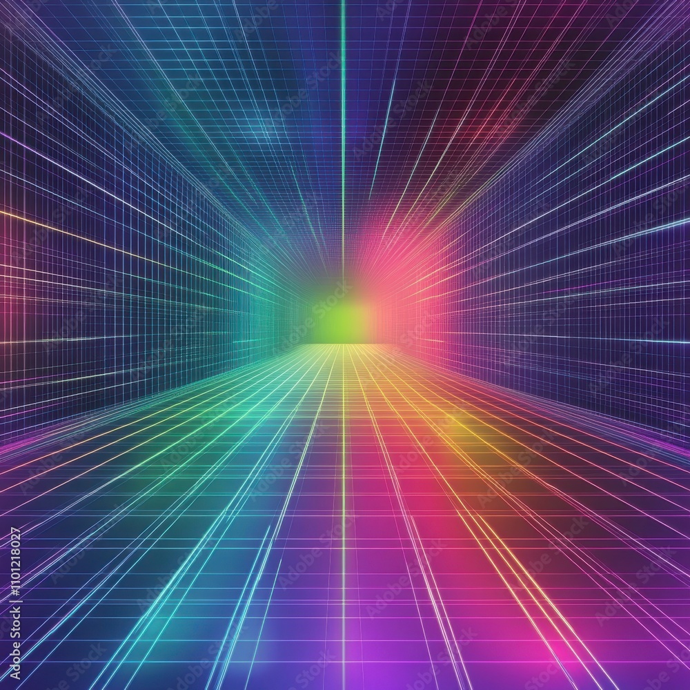 Poster a vibrant abstract tunnel with multicolored neon lights creating a futuristic atmosphere.
