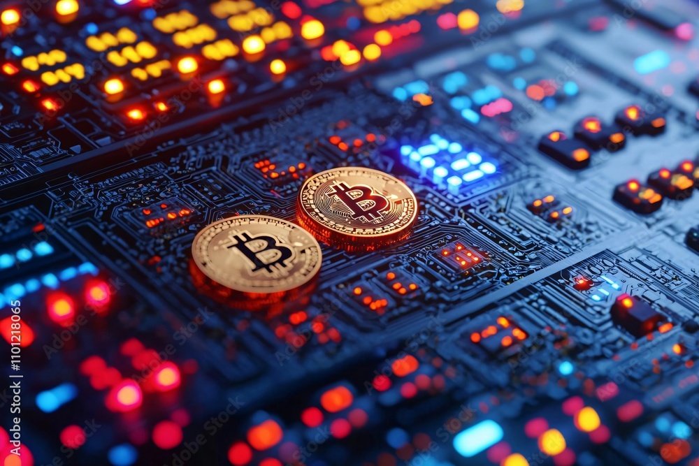 Poster close-up of bitcoin coins on a computer circuit board with colorful lights, symbolizing the digital 