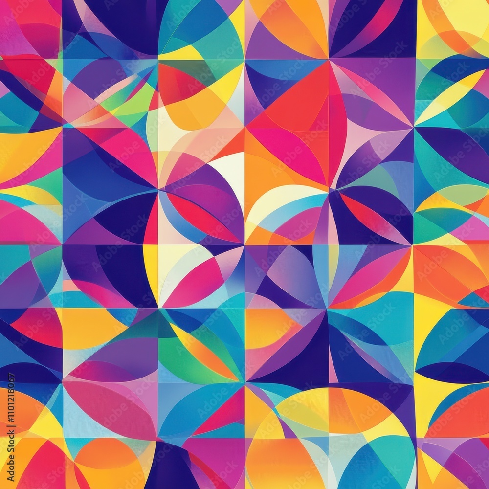 Poster a vibrant abstract pattern showcasing colorful geometric shapes and swirls in a kaleidoscope of hues