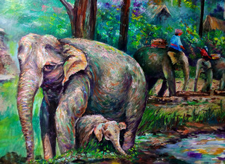Art painting Oil color Elephant family thailand	