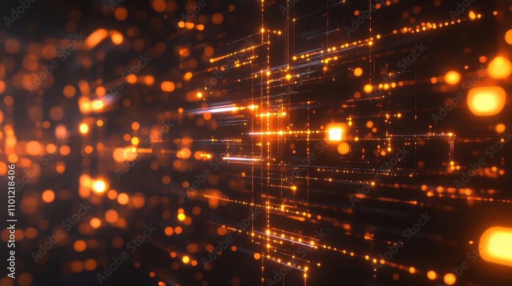 Poster abstract digital visualization with glowing particles and lines creating a sense of depth.