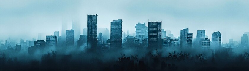 Obraz premium Mysterious city skyline shrouded in mist, showcasing modern architecture and a captivating atmosphere.