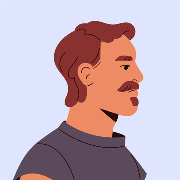 Profile of man with zappa beard style. Portrait of modern person with stylish hairstyle. Male face with soul patch, mustache side view avatar with square shape. Flat isolated vector illustration