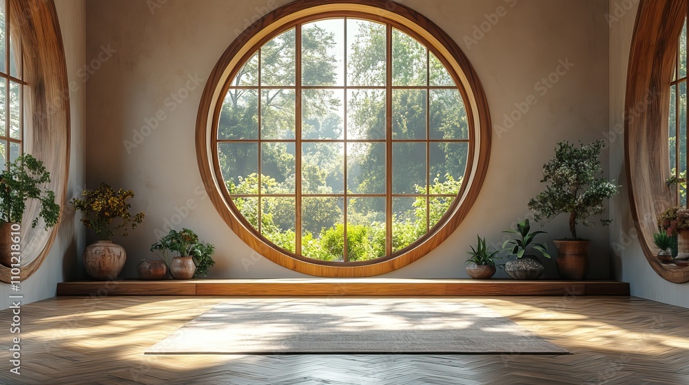 Poster empty room with round wood window rendering