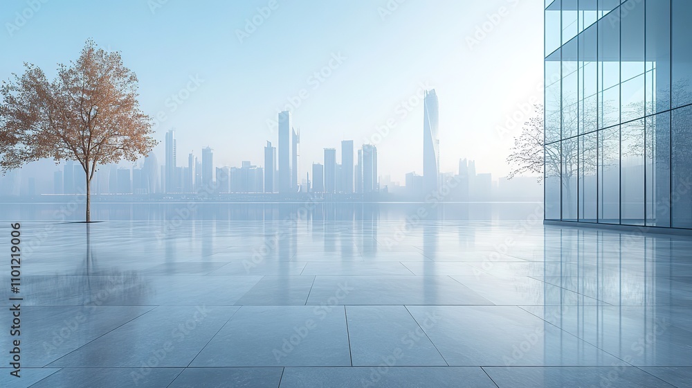 Poster empty square floor and city skyline with building background duba