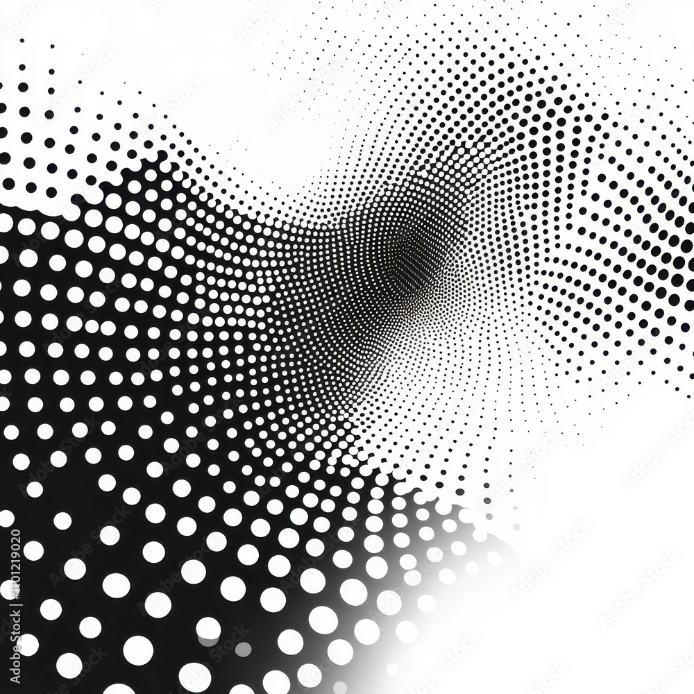 Poster abstract black and white dot pattern creating a sense of depth and movement.