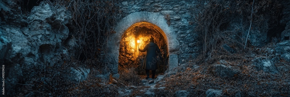 Poster mysterious figure with a torch entering an ancient stone archway at night.