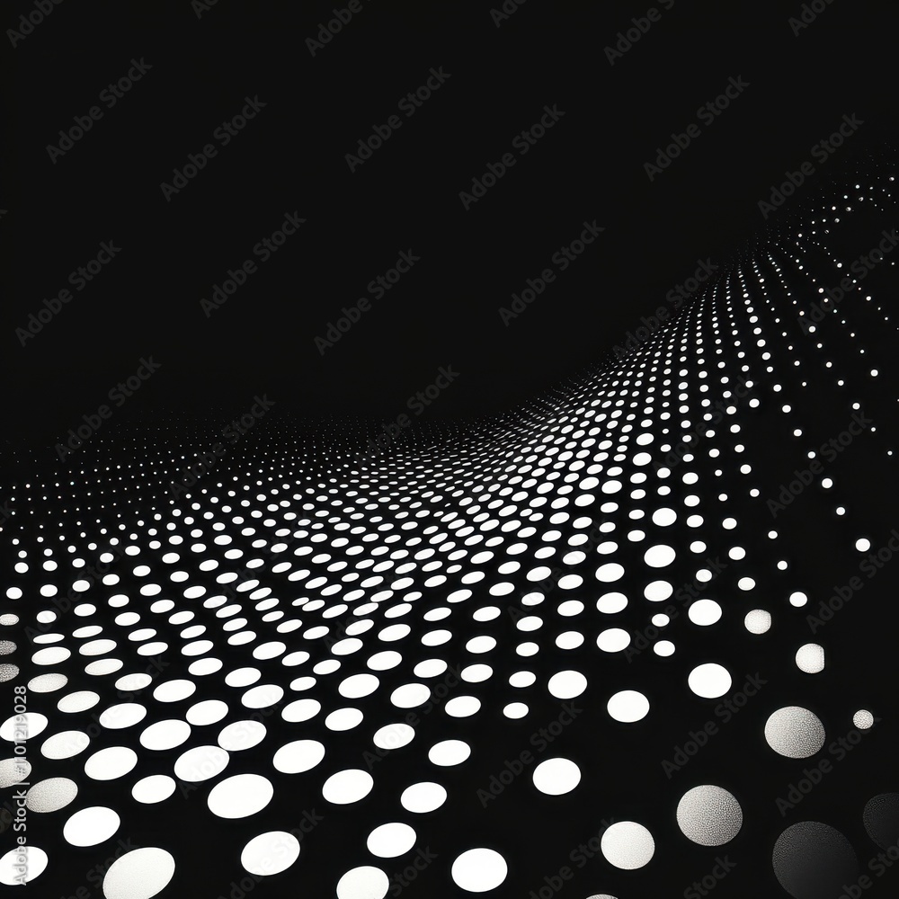 Poster abstract black and white illustration featuring a dynamic wave pattern of dots on a dark background.