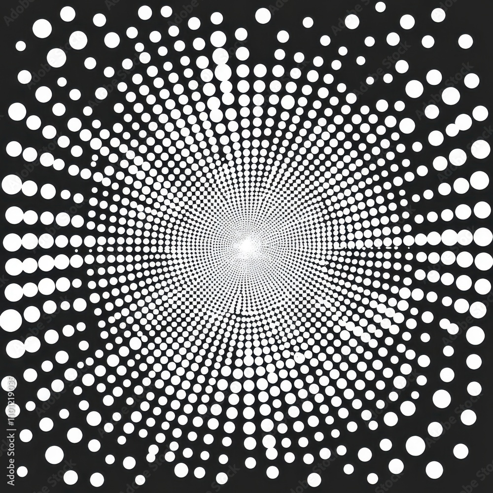 Poster dynamic white dot pattern radiating from the center against a black background, creating a sense of 