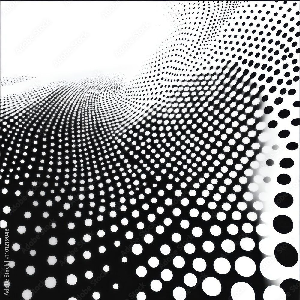 Poster a mesmerizing abstract pattern of dots creating a wave effect in black and white, showcasing depth a
