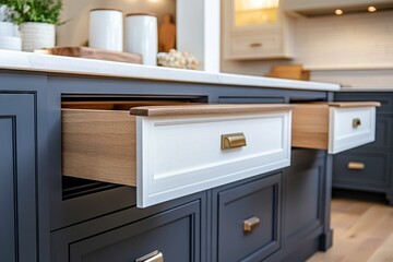 Open kitchen drawers, wood and white, gray cabinets.