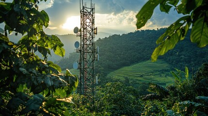Scenic View of a Communication Tower Amidst Lush Greenery and Rolling Hills at Sunset in a Tropical Landscape
