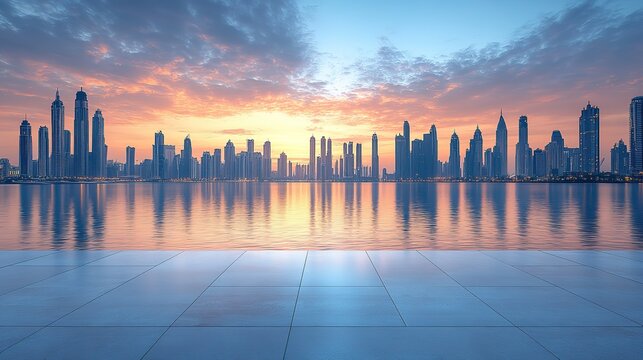 empty square floor and city skyline with building background duba