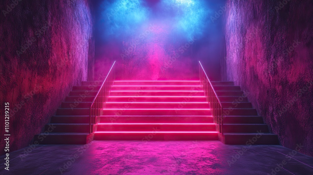 Poster empty stage with glowing neon lines rendering