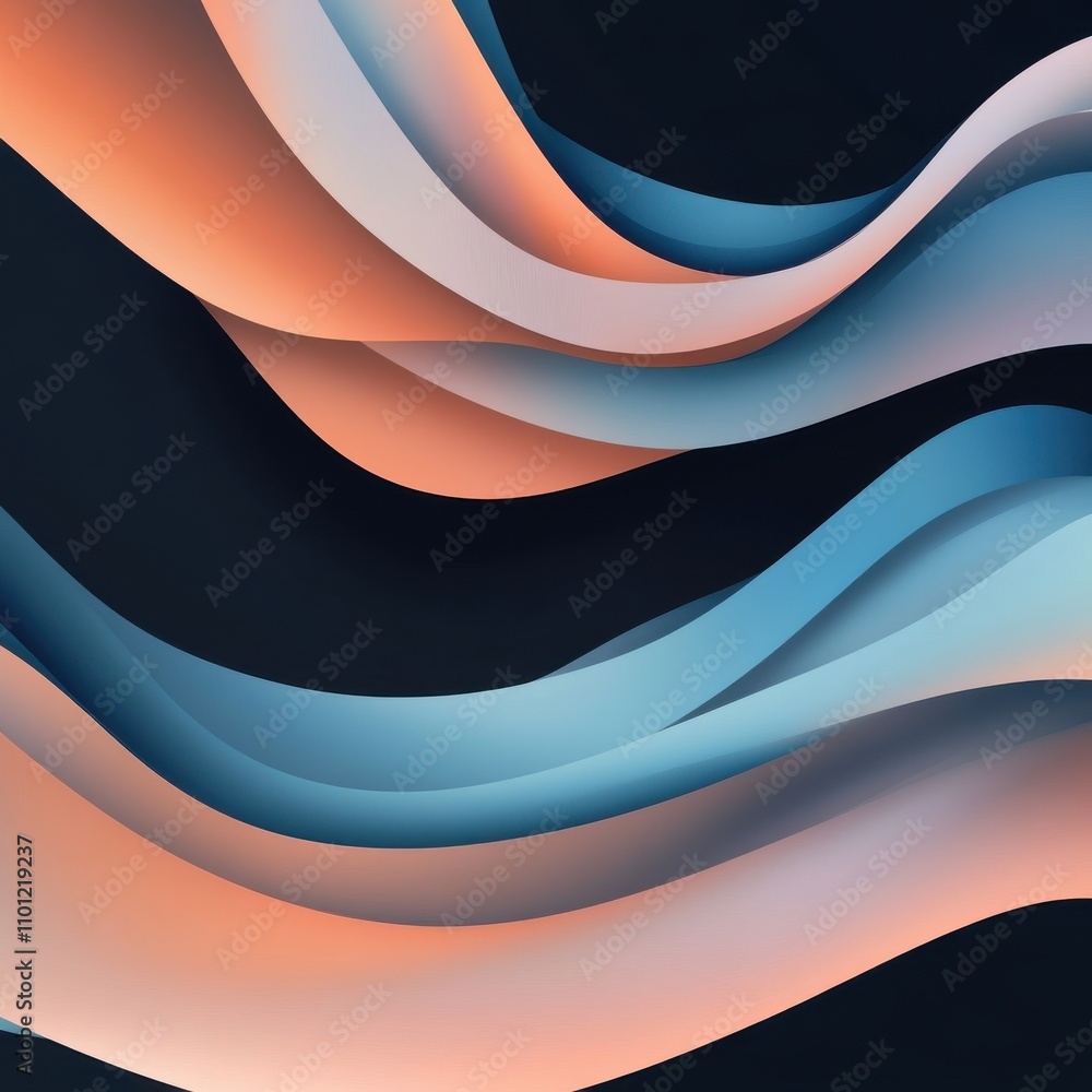 Poster abstract flowing waves in soft colors of blue, peach, and white, creating a serene and dynamic compo